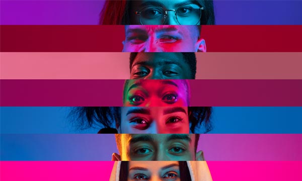 Collage of close-up male and female eyes isolated on colored neon background.
