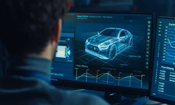 Male looking at car wireframe on monitor