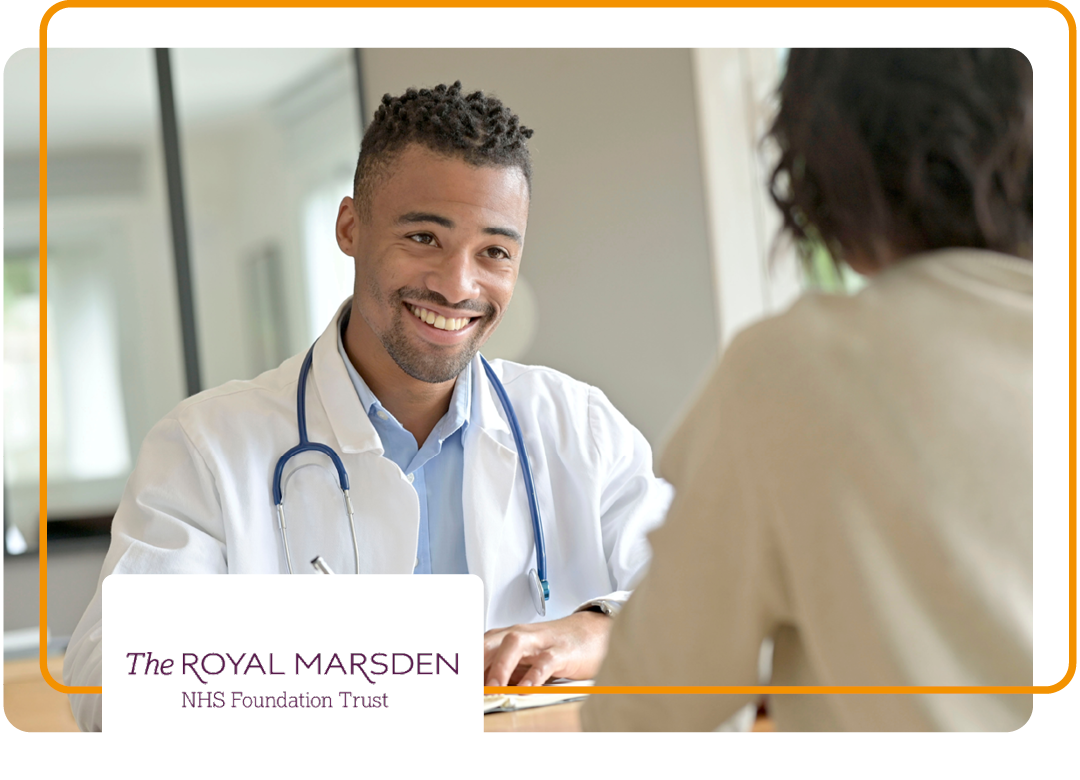Image of a smiling doctor with The Royal Marsden NHS Foundation Trust logo