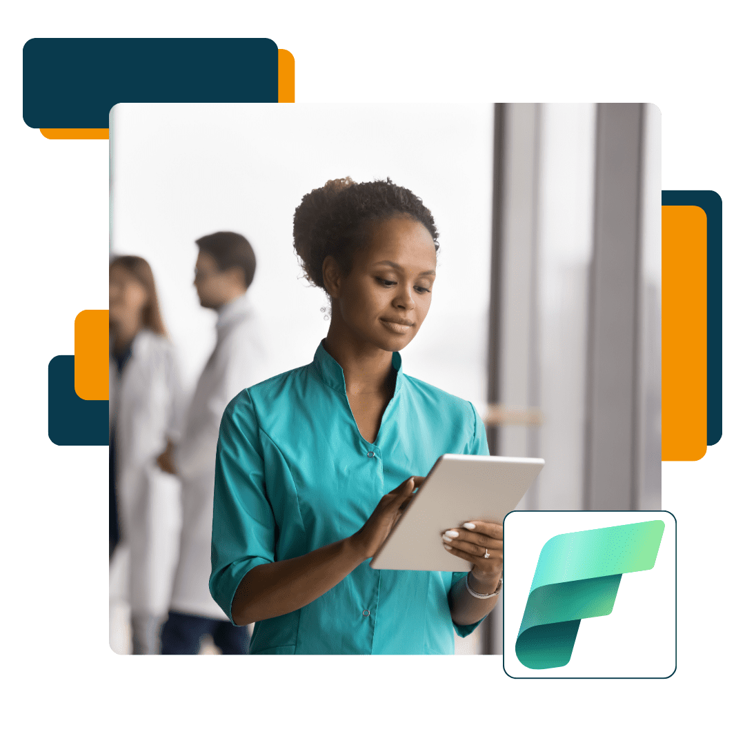 Healthcare professional woman with Microsoft Fabric logo