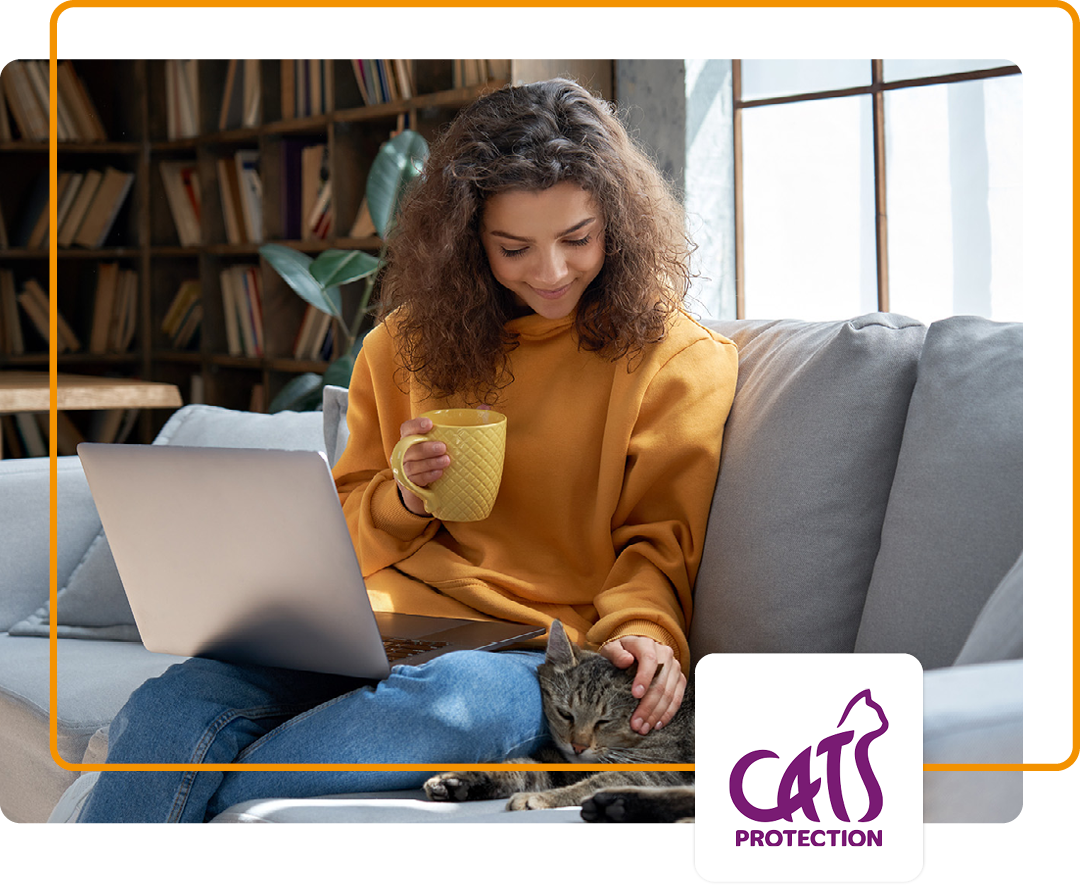 Image of a person sat on a sofa with a cat with the Cats Protection logo