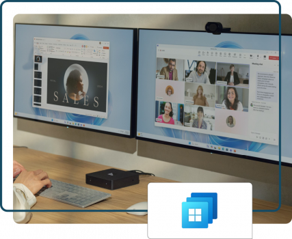 Person on a Teams call presenting a slide deck while using a W365 Link device