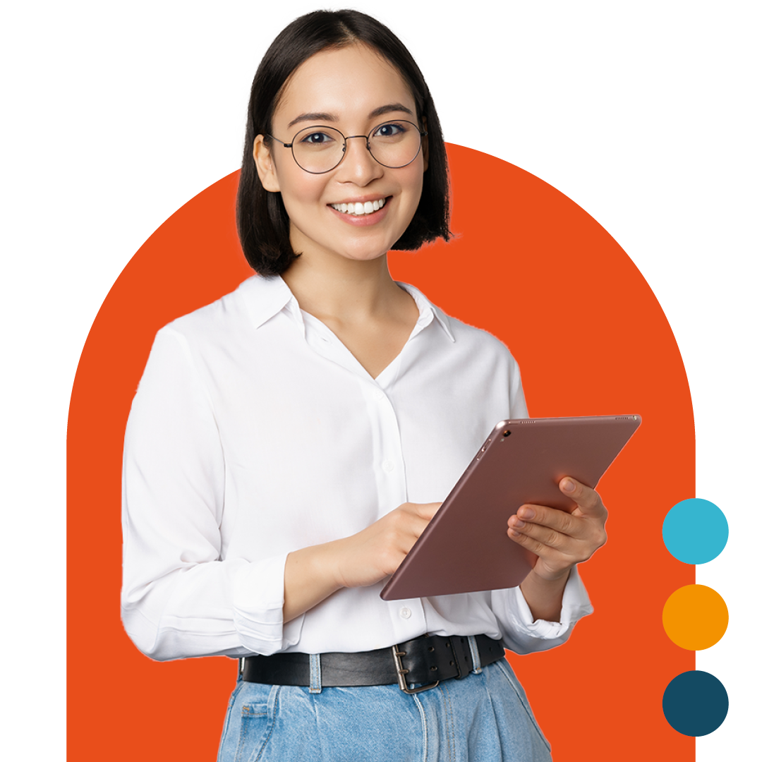 Image of a smiling person holding a tablet device on a bright orange background