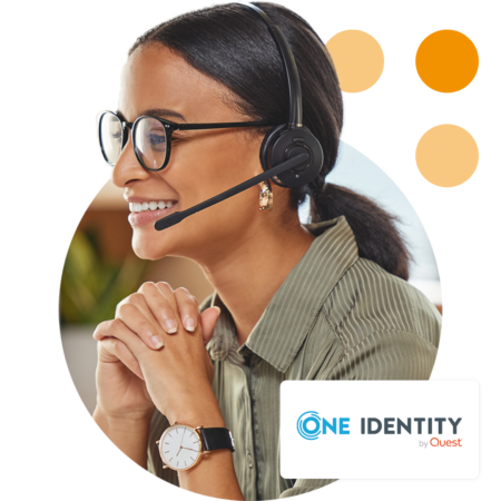 Image of a smiling IT professional talking on a headset with the One Identity logo