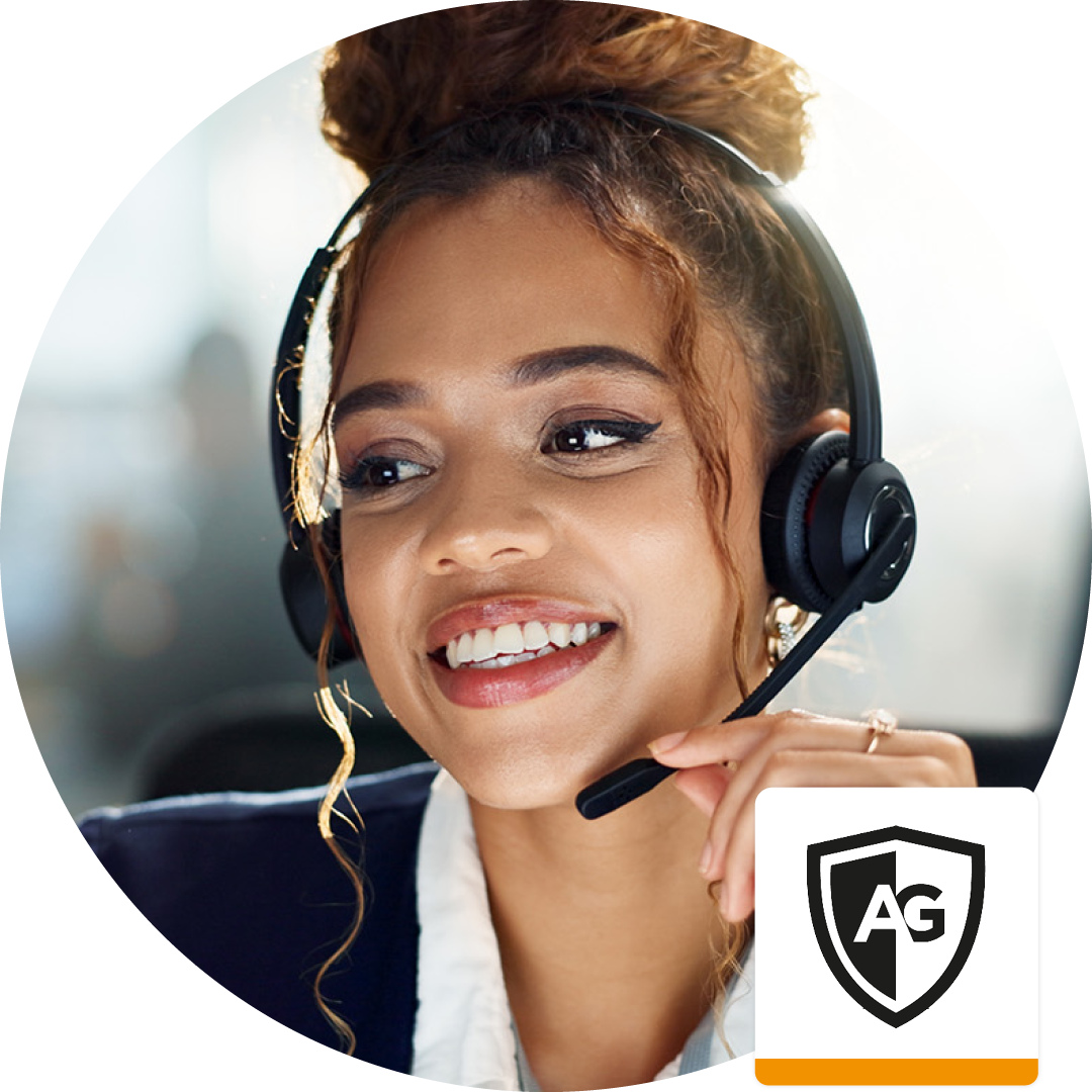Image of a smiling person talking on a headset with the AzGuardian logo showing bottom right