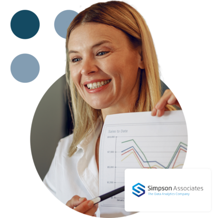 Image of a data analyst showing data on paper with the Simpson Associates logo