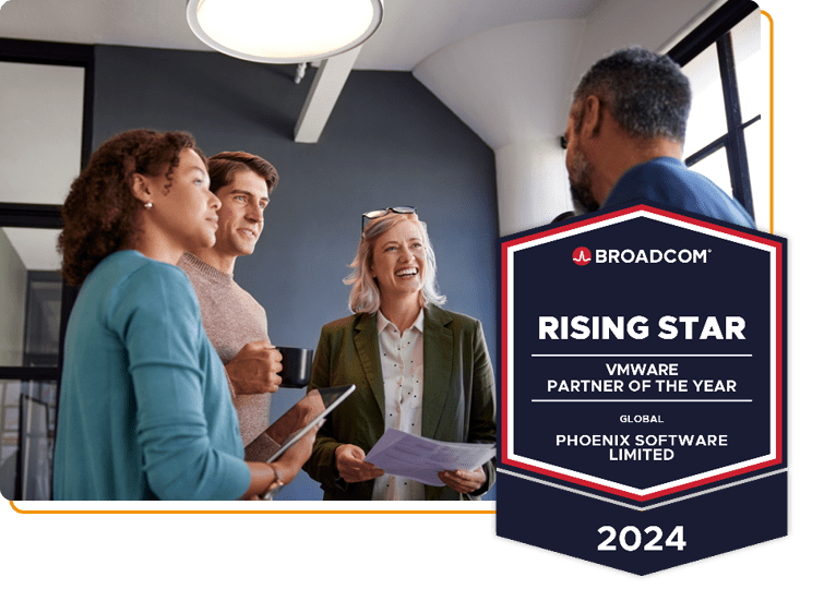group of people talking, VMware rising star badge bottom right