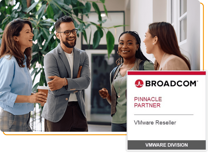 people talking in a group, VMware pinnacle partner badge bottom right corner