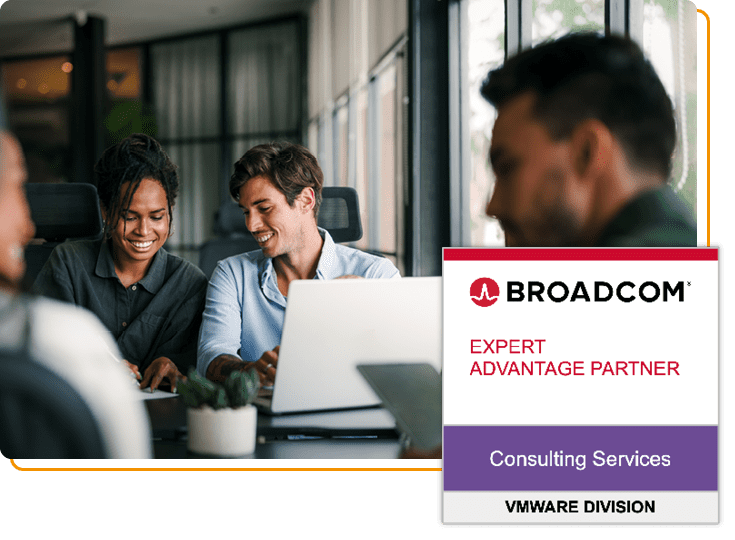 group of people sat working, VMware EAP badge bottom right corner