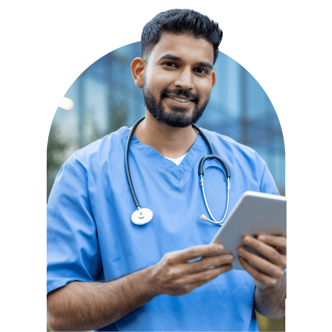 Man in healthcare uniform on ipad