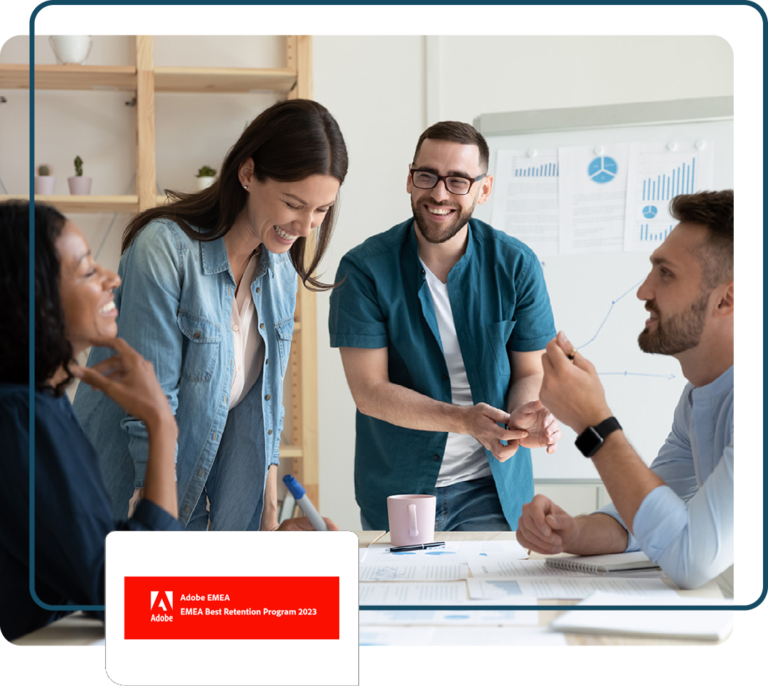 Image of a group of people in a meeting with our Adobe Best Retention Program EMEA 2023 logo