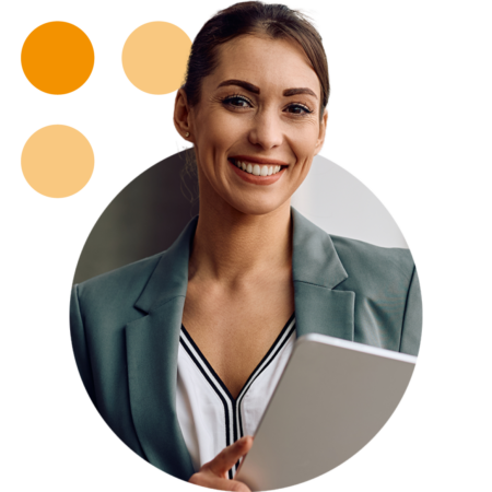 Image of a smiling business professional holding a tablet