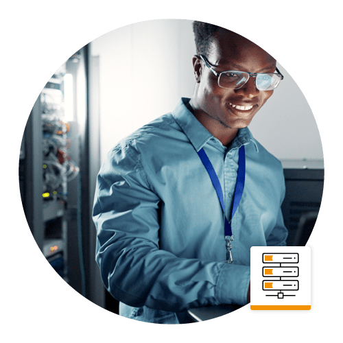 Laptop, server room and technician programming software, update or system network maintenance.