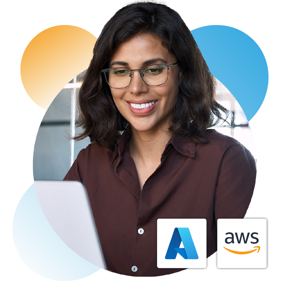 Headshot of person using laptop with Microsoft Azure and AWS logo