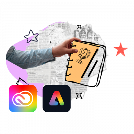 Graphical image of someone holding a notepad with the Adobe Express and Creative Cloud logo's
