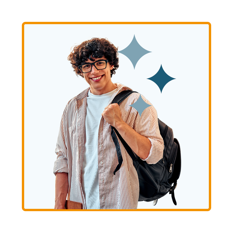 Student stood up holding a backpack over their shoulder