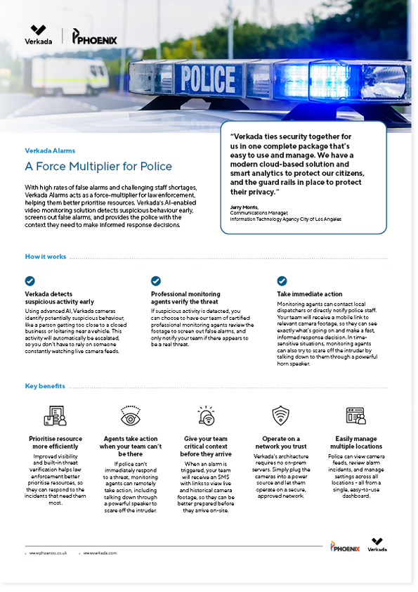 Image of a datasheet titled Verkada Alarms - A force multiplier for police