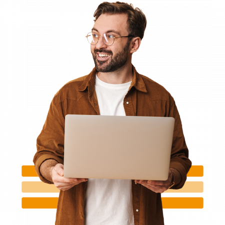 Image of a smiling person holding a laptop