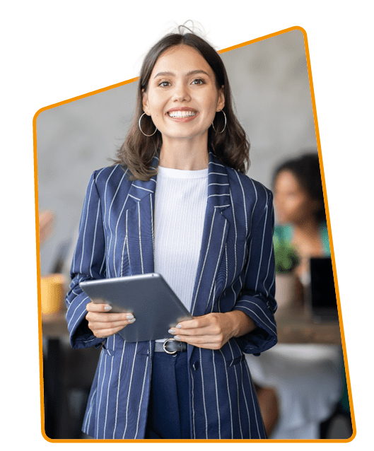 Smiling person holding a tablet device