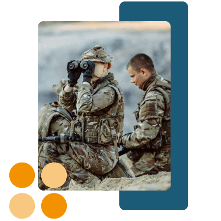 2 soldiers 1 looking through binoculars