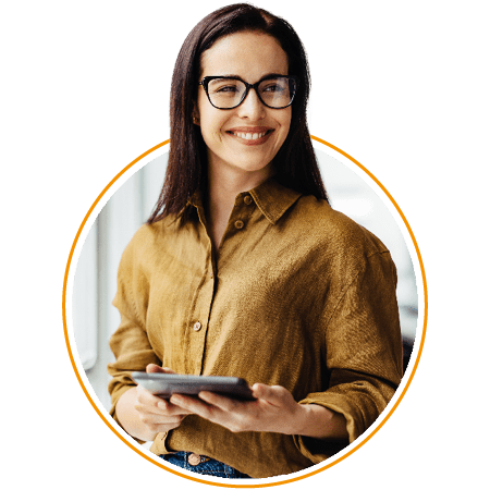 Image of a smiling business person holding a tablet