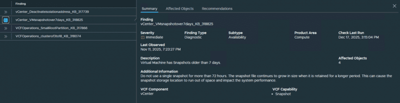 VMware VCF diagnostic findings summary
