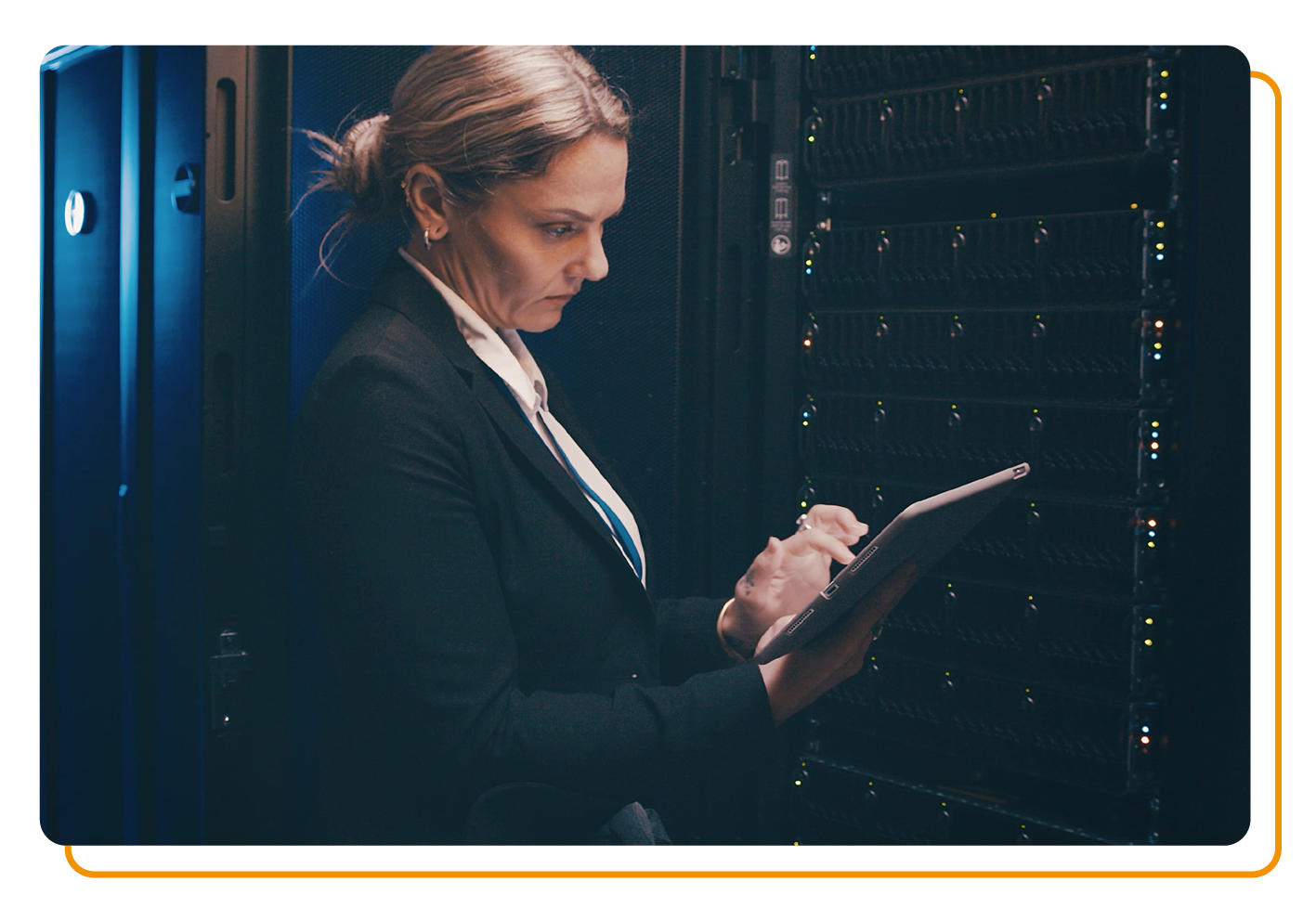 Woman with tablet in cloud and infrastructure room