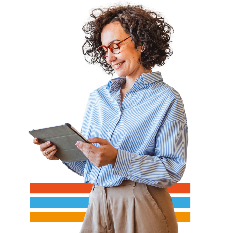 Teacher stand confidently and using digital tablet