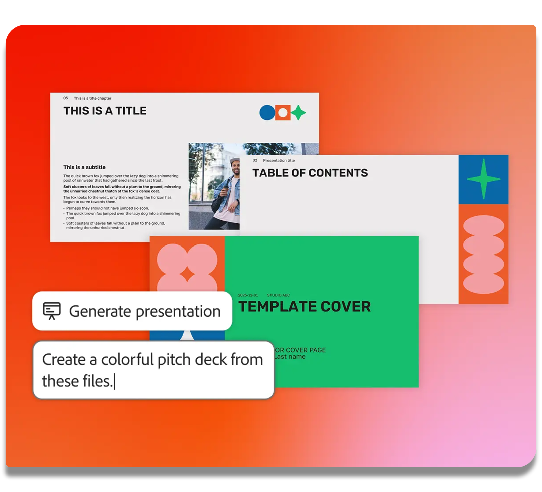 Acrobat Studio AI prompt generating a colourful pitch deck presentation from uploaded files