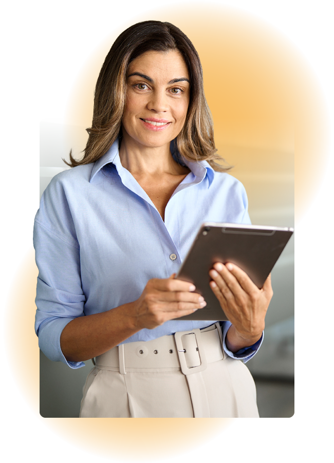 Person using a tablet device while standing