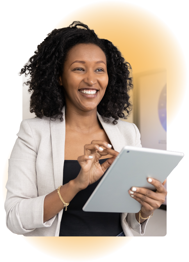 Person using a tablet device while standing
