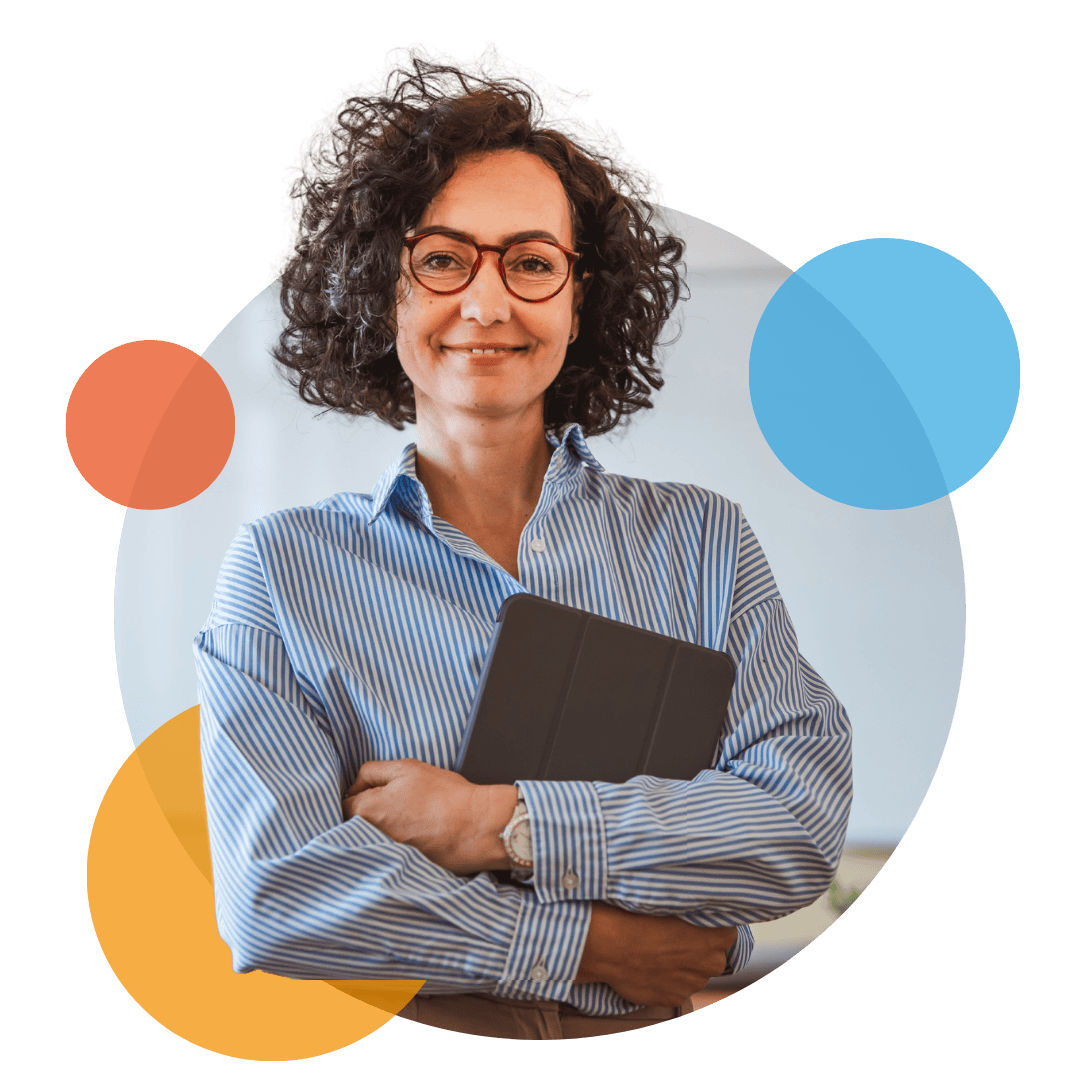 Teacher standing confidently with digital tablet