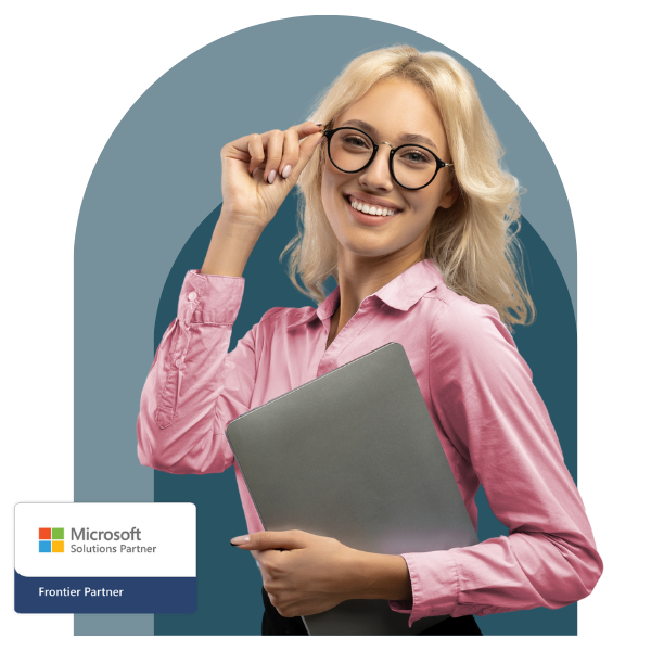 A lady holding a laptop with Microsoft logo