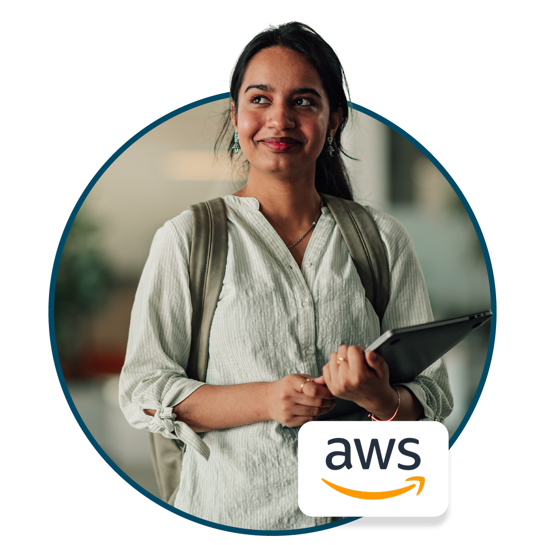 Student carrying a backpack and holding a tablet, with the AWS partner logo