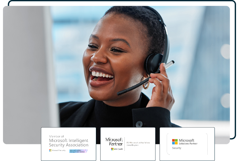Image of a IT support professional talking on a headset. Image includes our Microsoft MXDR, Microsoft UK Partner of the Year, and Microsoft Security Partner logos.