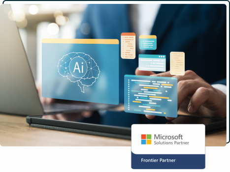 Image of a person working on a tablet with AI visuals and our Microsoft Frontier Partner logo